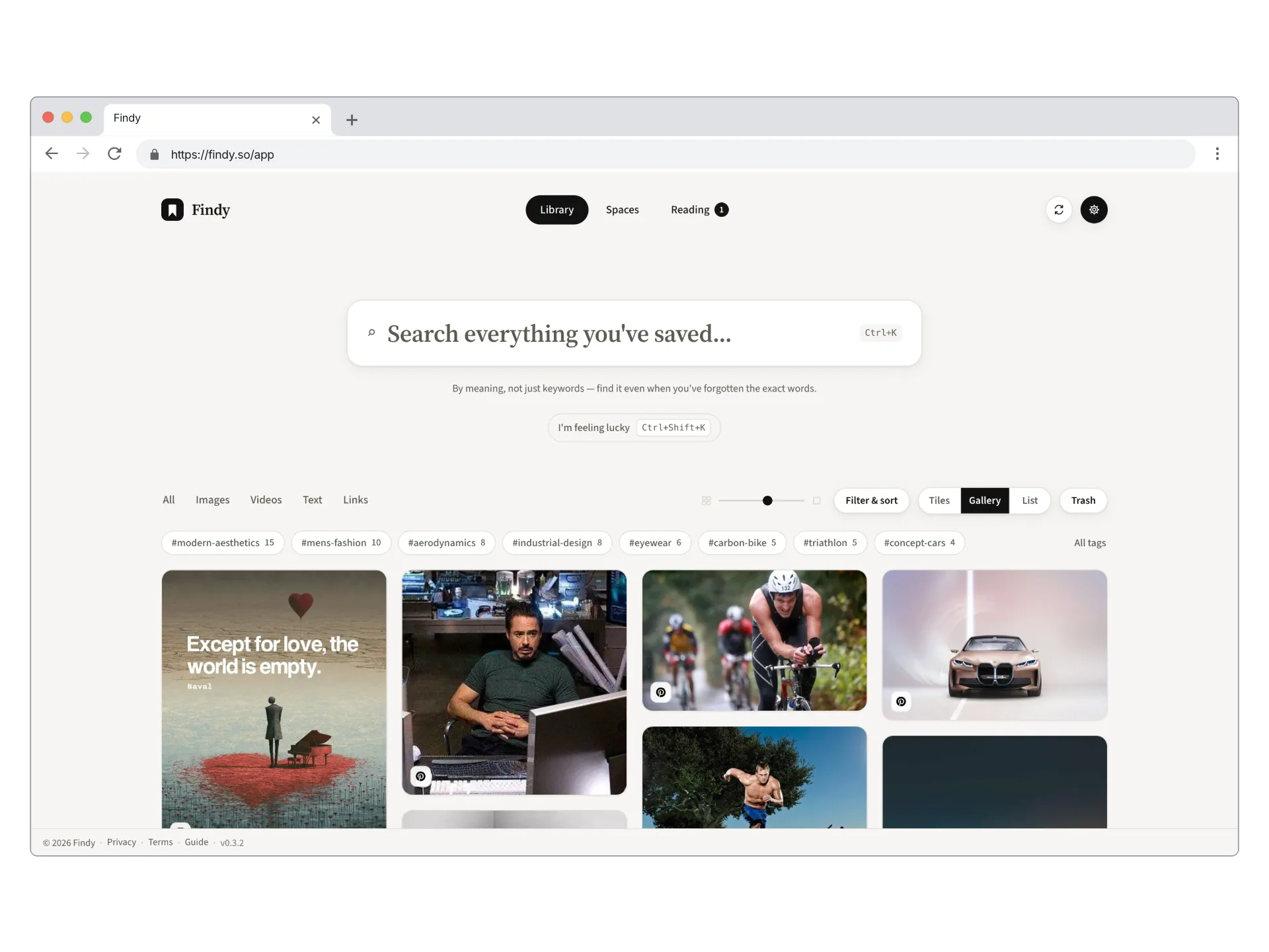 Findy Library — search by meaning across a visual tile grid of saved bookmarks
