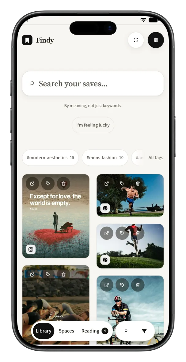 Findy on a phone — search, tag chips, and a two-column grid of saved images