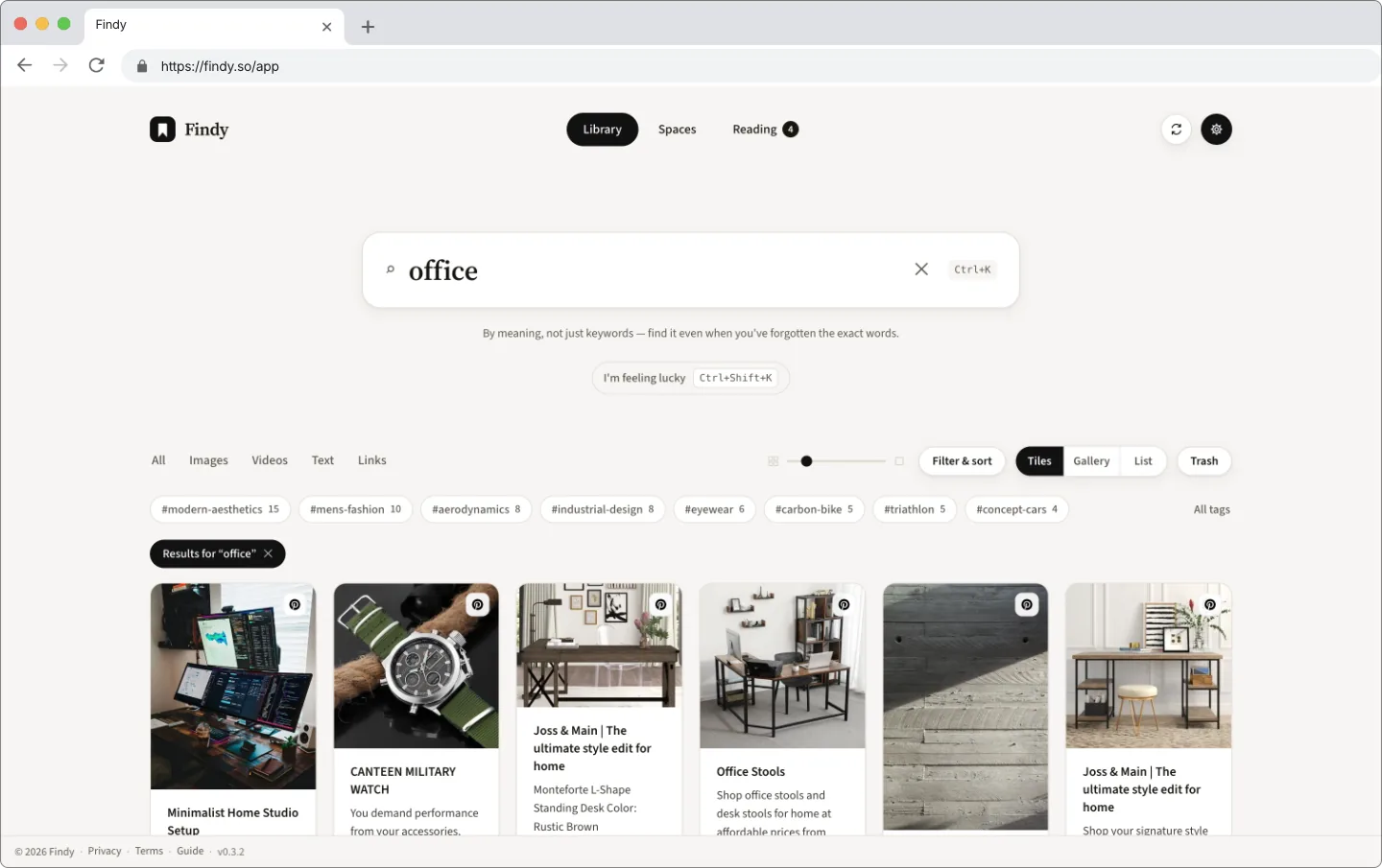 Searching Findy for “office” — results include a home studio setup, a standing desk, office stools and a workspace shot