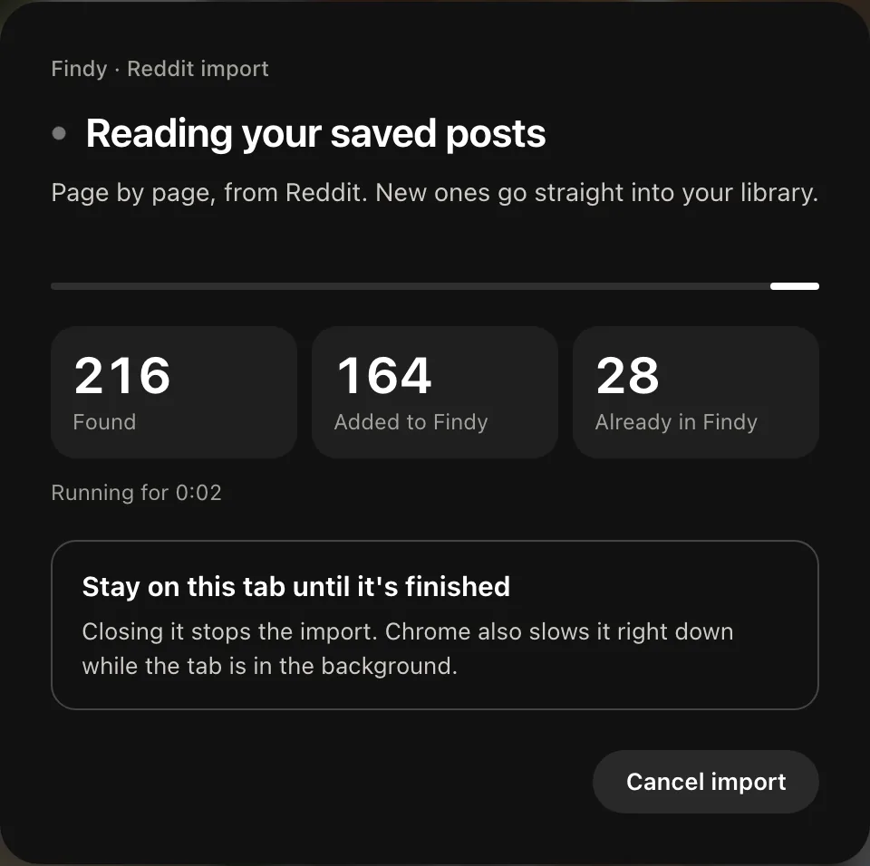 The Findy import panel during a Reddit import: found, added and already-saved counts, and a reminder to stay on the tab