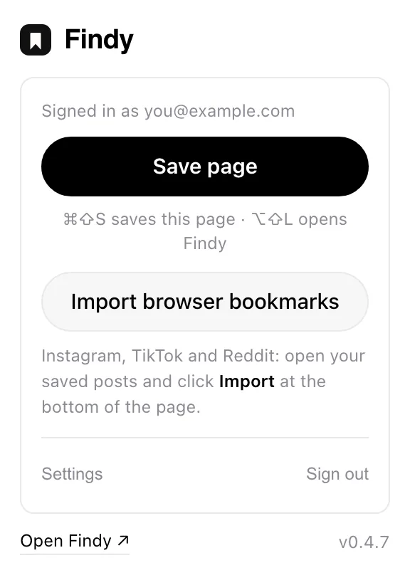 The Findy extension popup, signed in, with Save page and Import browser bookmarks buttons