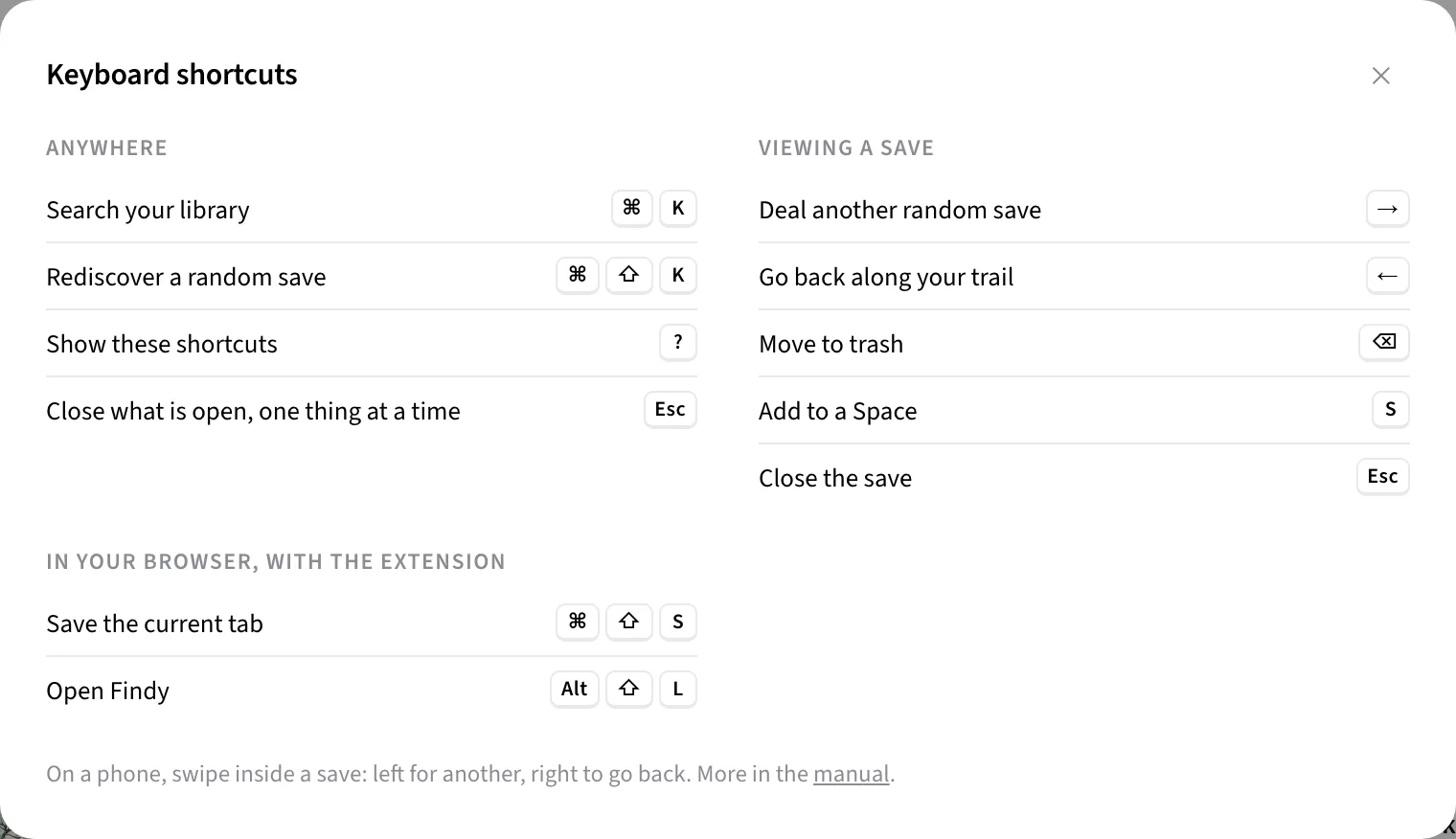 The keyboard shortcuts overlay in Findy, opened with the question mark key