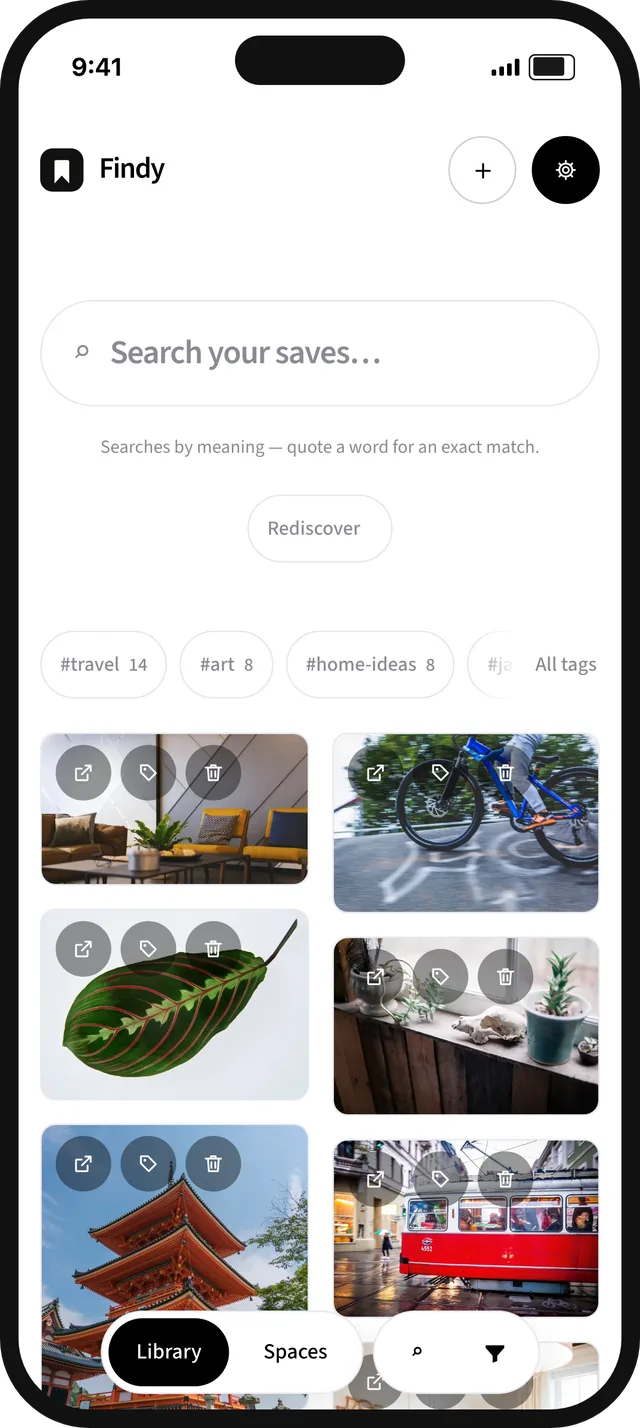 Findy running full-screen on a phone: search, tag chips and a gallery of saves