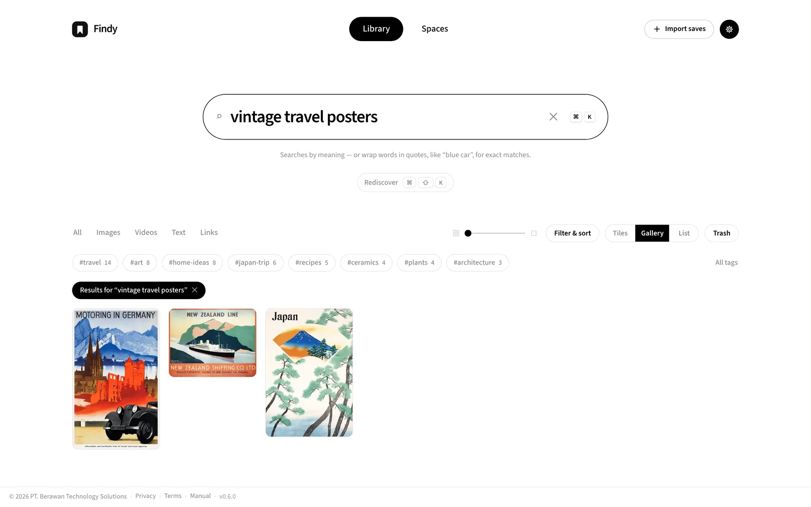 Searching Findy for vintage travel posters: the results are a 1930 motoring poster, a shipping line poster and a Japanese railways poster