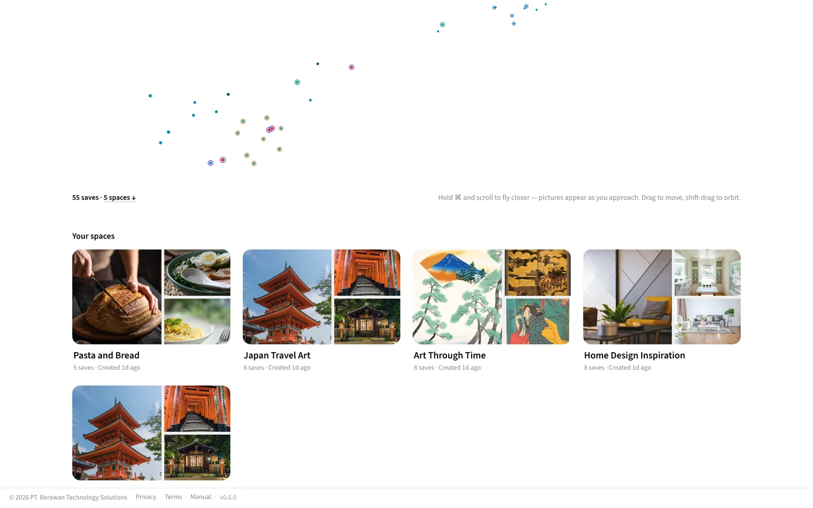 Spaces: a map of the library above five spaces, each with a collage of the saves in it
